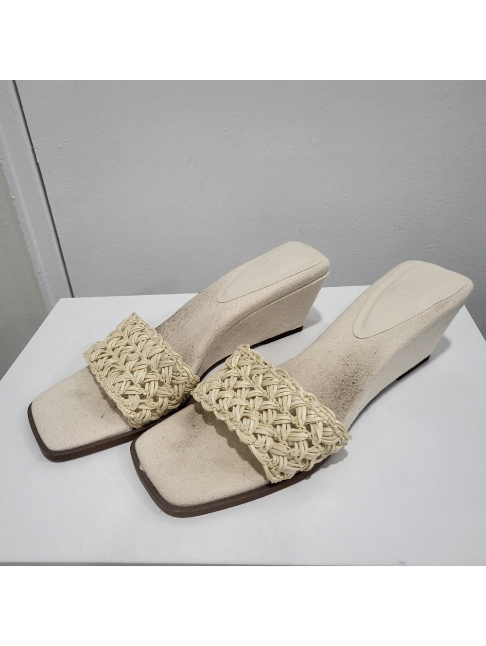 ASOS Design Cream Raffia Low Wedge Heel - Size 9